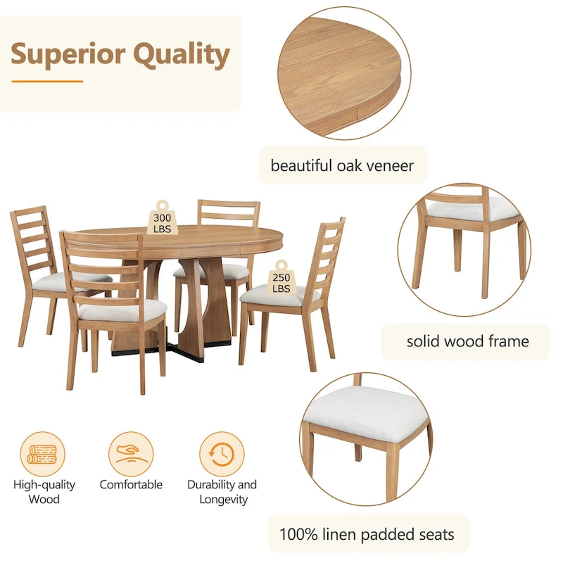 5-Piece Rustic Functional Dining Set, 1 Extendable Table with a 16-inch Leaf and 4 Upholstered Chairs