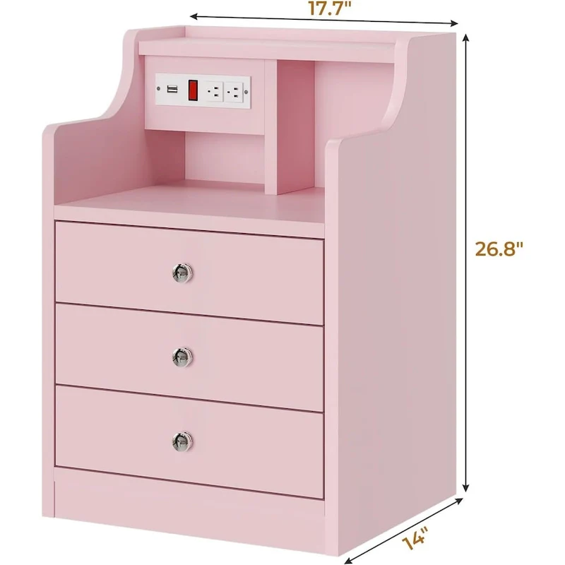 3-Drawer Nightstand with Built-in Charging Station and Open Shelf – White / Pink / Grey / Black, for 1 Person