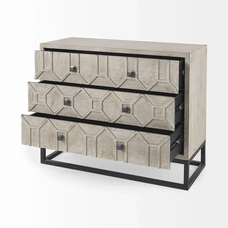 Genevieve I Gray Fir Veneer w/ Iron Frame & 3 Drawer Accent Cabinet - 39.0L x 15.7W x 30.9H