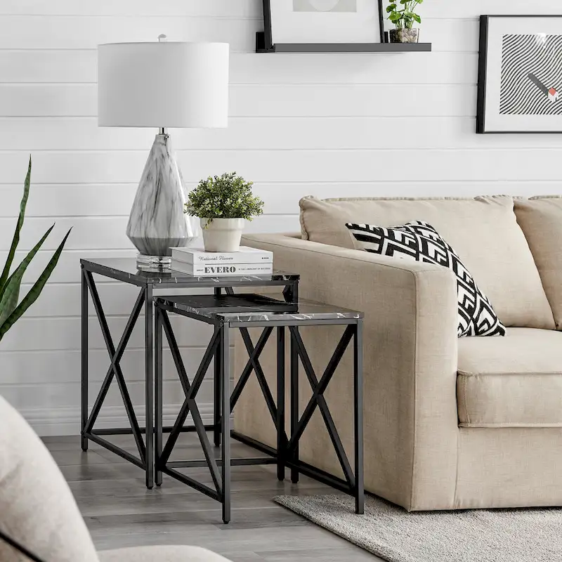 Modern Square Marble Finish Veneer Top Black Metal Frame Nesting End Tables - Set of 2