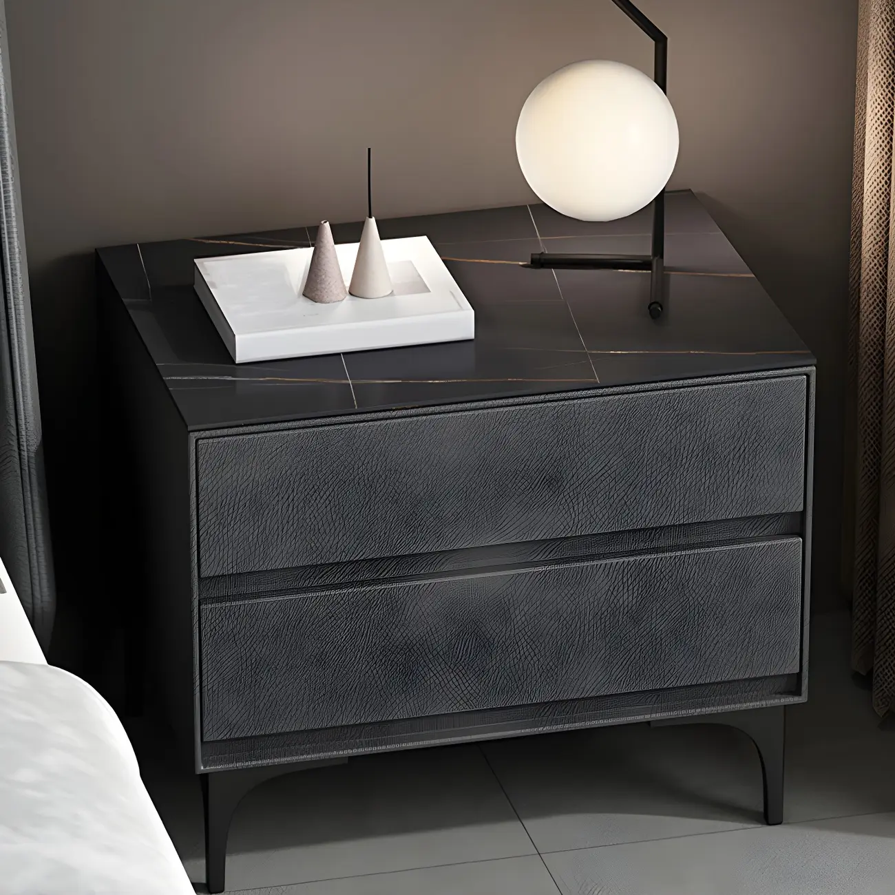 Modern Stone Top Faux Leather 2-Drawer Nightstand