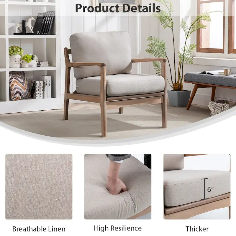 Mid Century Modern Accent Chair with Solid Wood Frame & Removable Cushions