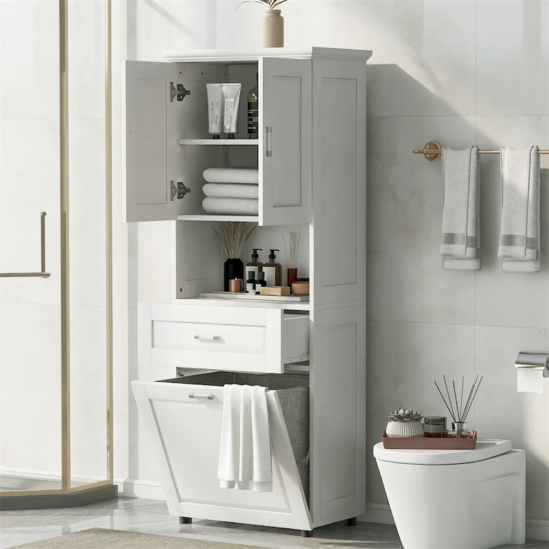 Tall Bathroom Cabinet with Laundry Basket,Large Storage Space