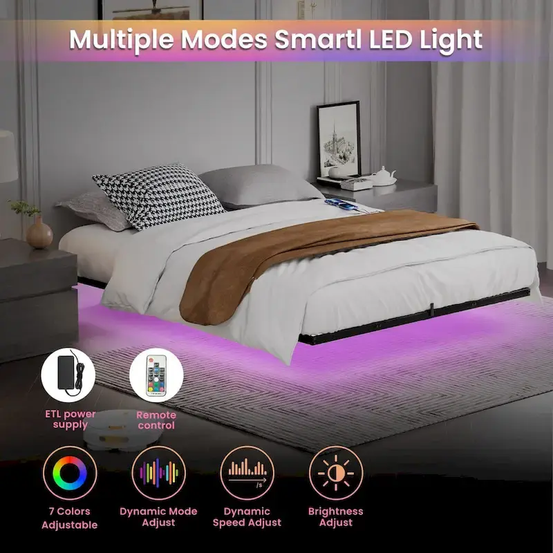 Modern Floating Bed with LED Lights, Charging Station & Metal Frame