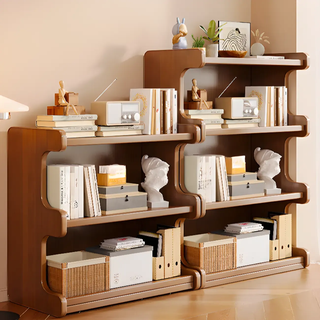 Modern Ladder Brown Wood Bookcase for Office Storage