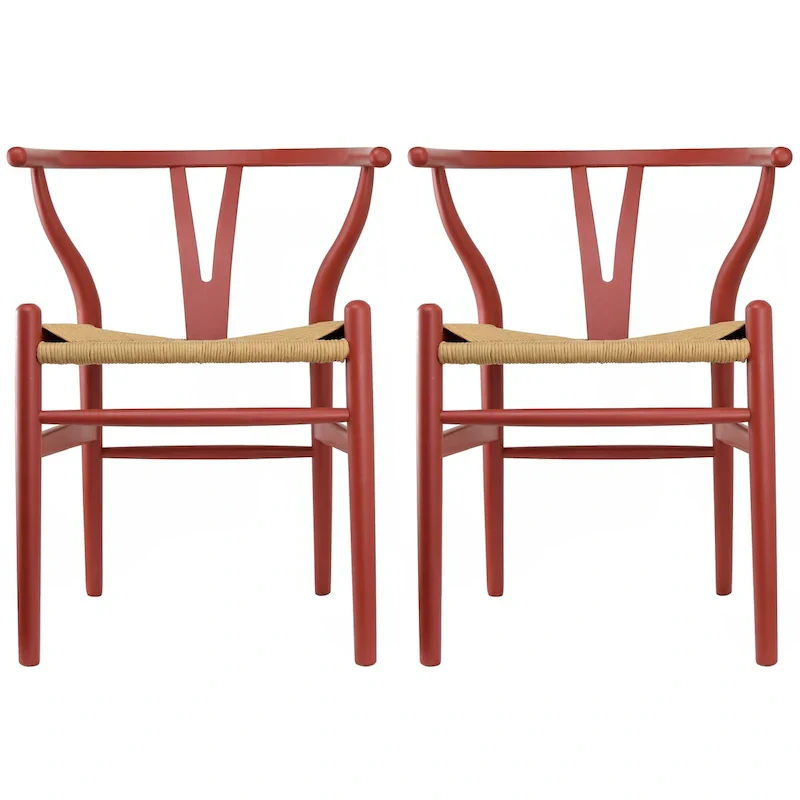 Set of 2 Wood Dining Chairs with Woven Rope Seat