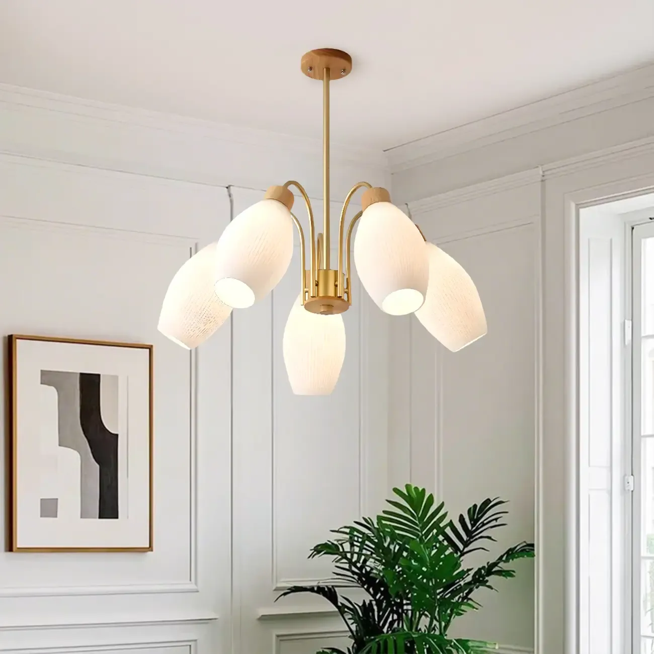 Modern Adjustable White Chandelier with Glass Shades