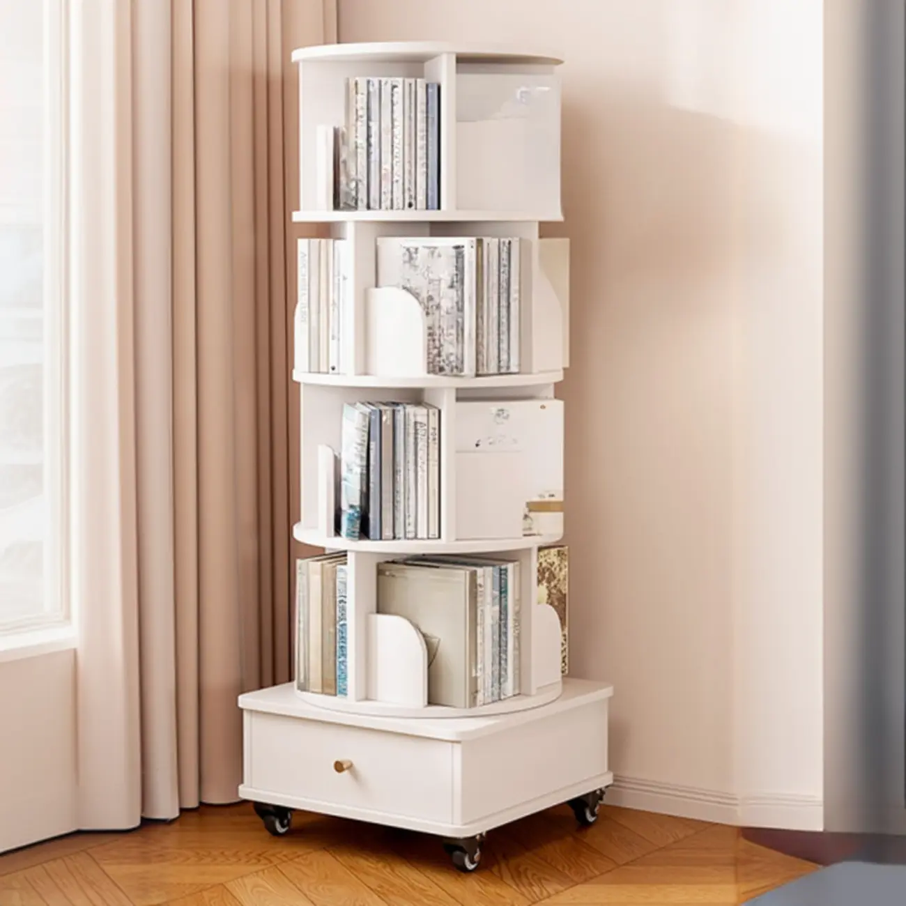 Narrow Wood 5-Tier Revolver Sliding Bookcase with Drawer
