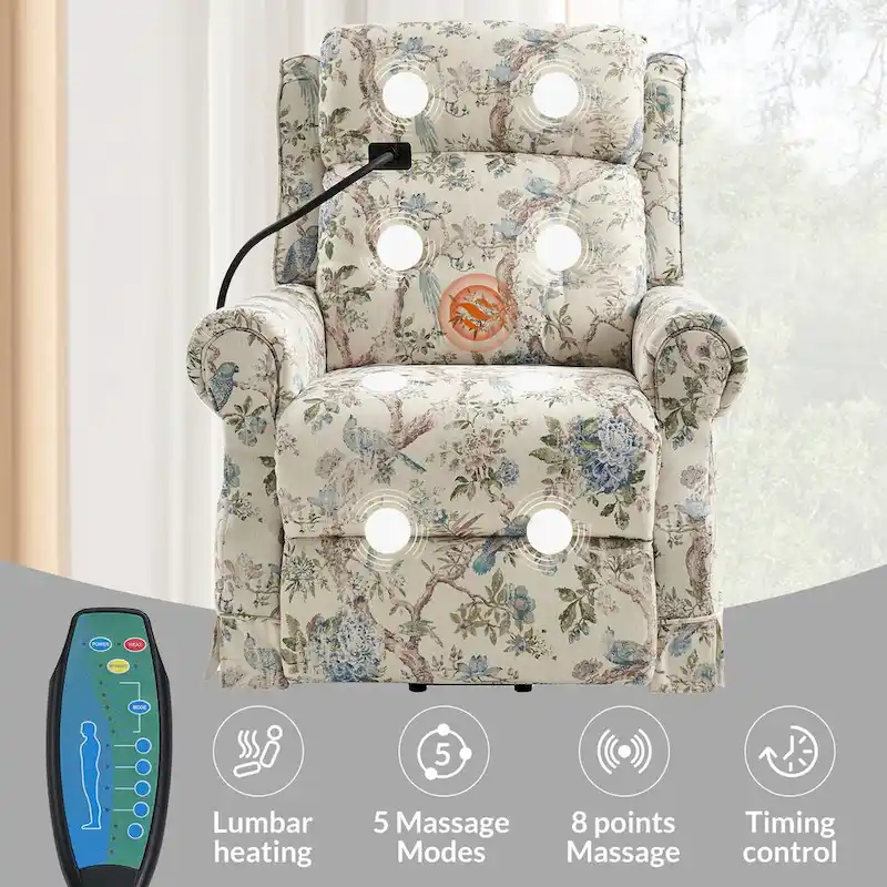 Traditional-Style Electric Lift Recliner (with Massage, Heating, and Manually Adjustable Headrest)
