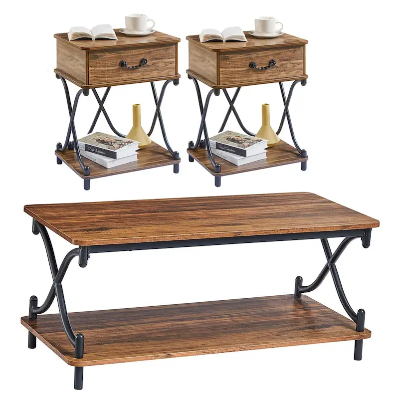 Modern 3-piece Coffee Table, Sofa Table & 1-drawer Nightstand Set of 2(Brown/Black/White)