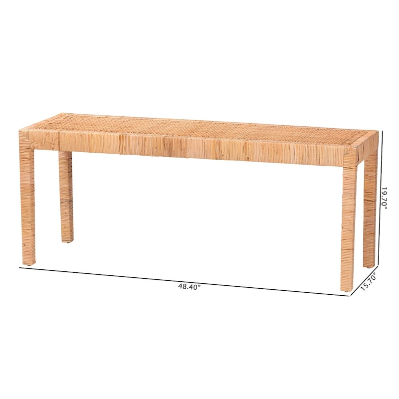 Abelia Modern Bohemian Natural Rattan and Mahogany Wood Accent Bench