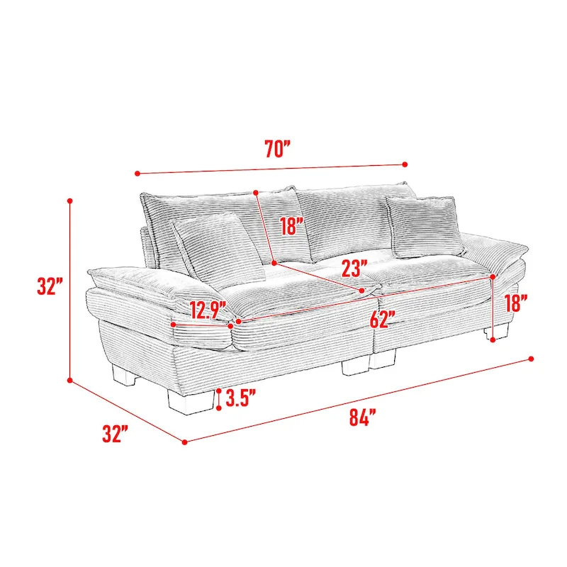 65.5 Upholstered 3-Seater Sofa Couch with Two Pillows and Sturdy Construction