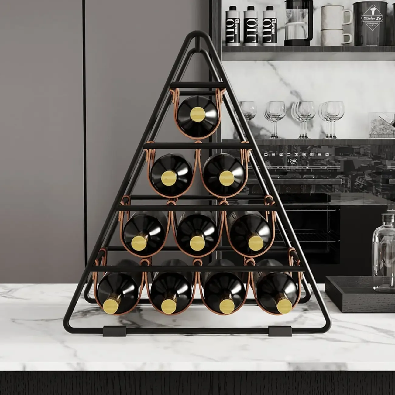 Industrial Black Metal Countertop Triangle 10 Bottles Wine Rack Holder