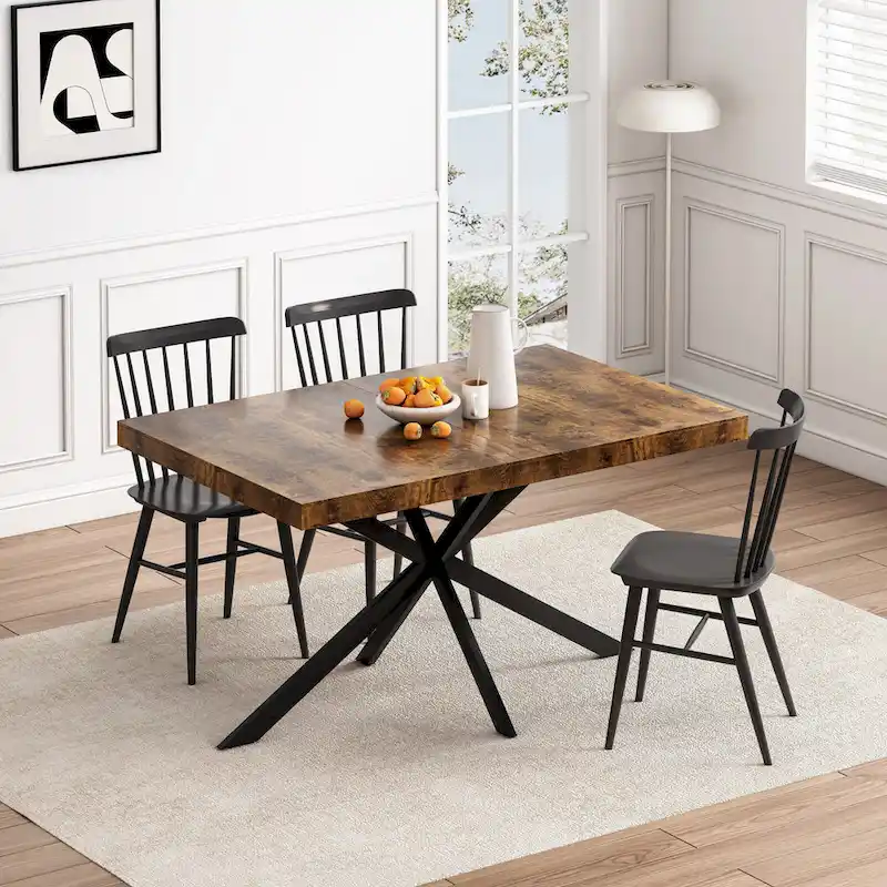 Retro Rectangular Stretch Dining Table with Cross Iron Base