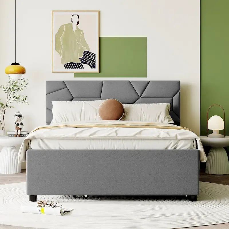 Grey Linen Upholstered Full Platform Bed with Brick Pattern Headboard and Trundle - No Box Spring Needed