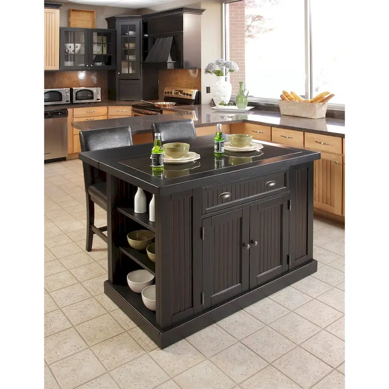Nantucket Black Wood and Granite Inlay Kitchen Island