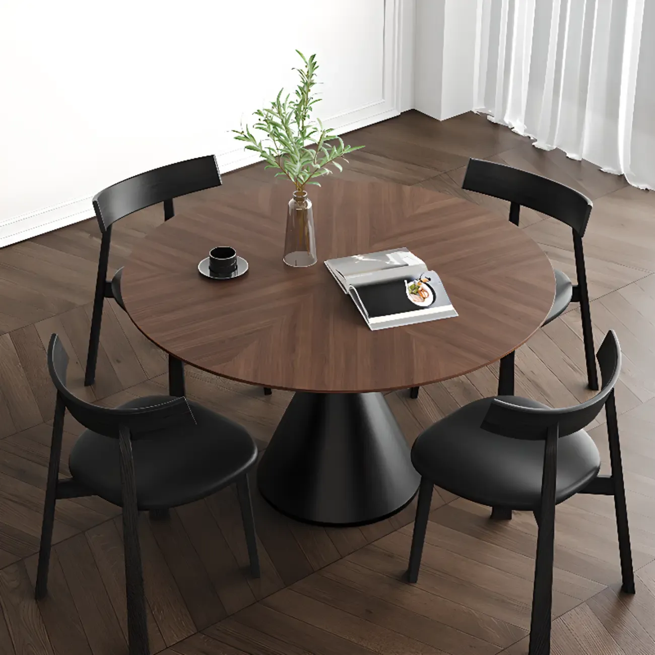 Modern Black Wood Pedestal Round Dining Table