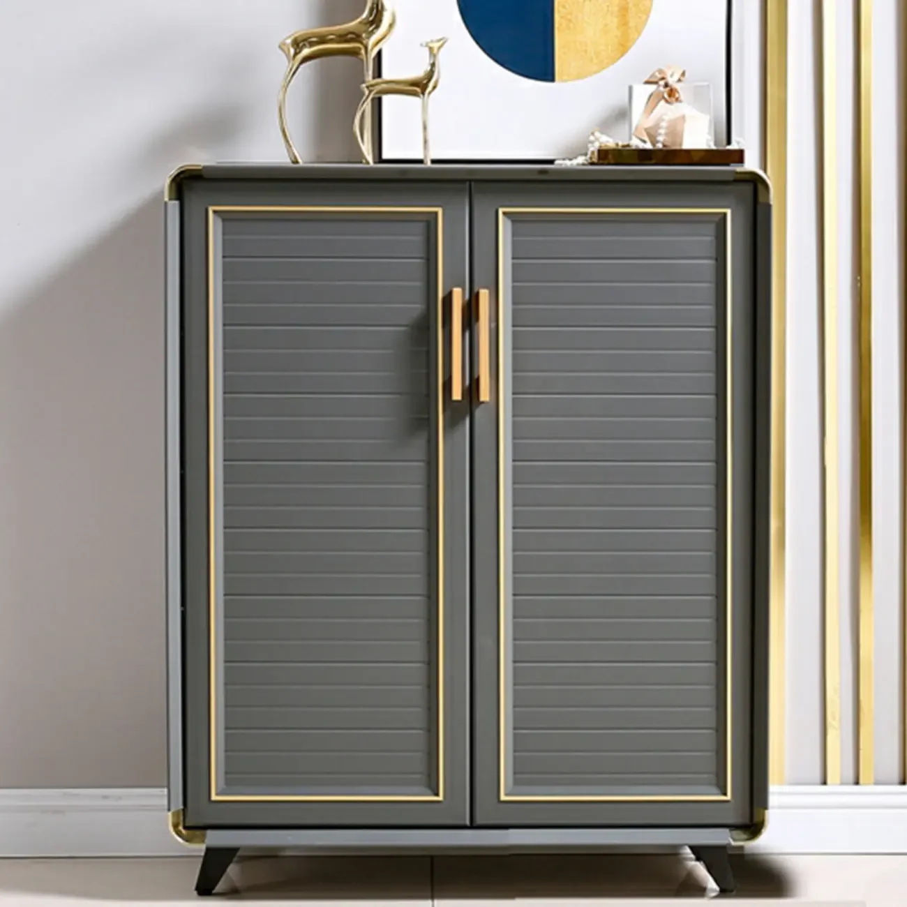 Luxury Grey Metal Entryway Shoe Cabinet with Gold Trim