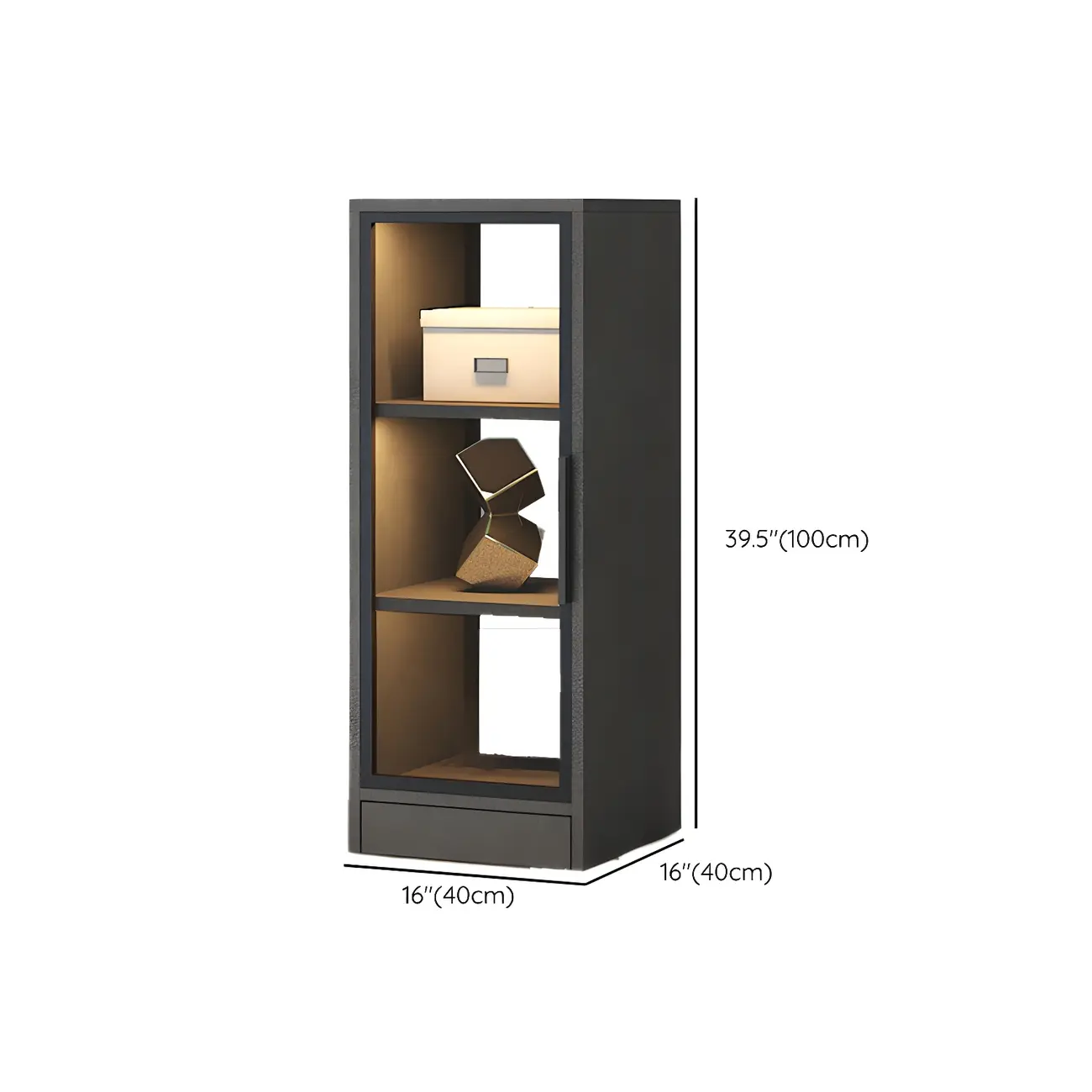 Square 2-Shelf Black Wooden Display Cabinet with Light