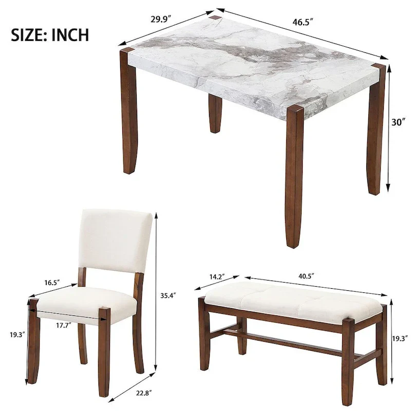 4-piece Dining Set with Faux Marble Style Table and 2 Upholstered Chairs & Bench with Wood Legs