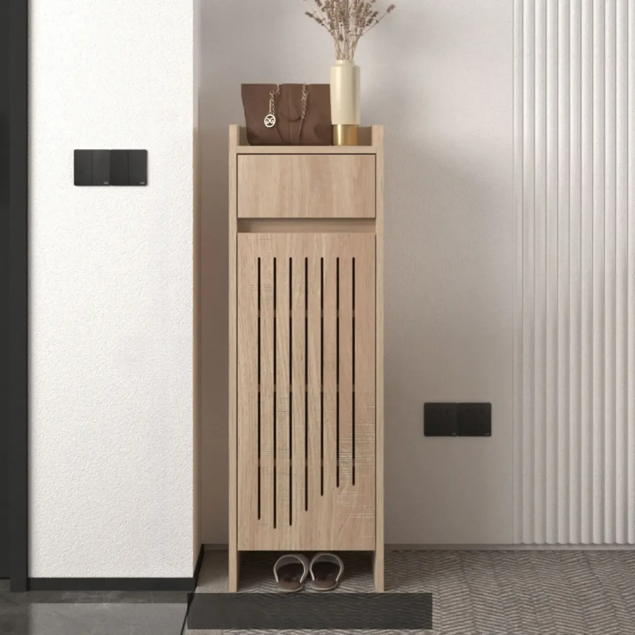 Modern Slim Wood Beige Entryway Shoe Cabinet
