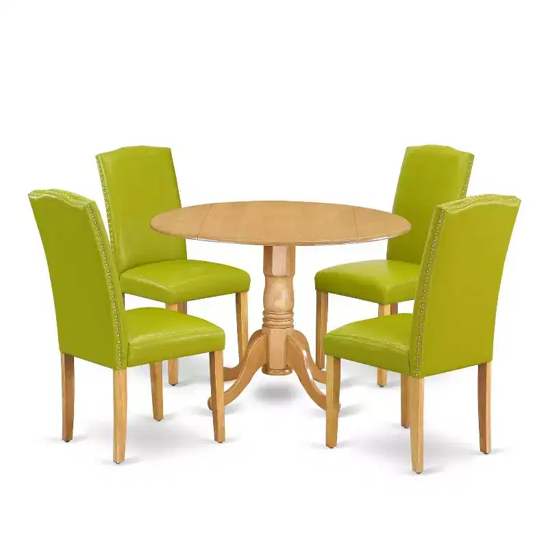 Autumn Green 5-Piece Round Extendable Dining Set for 4 with Faux Leather Arm Chairs