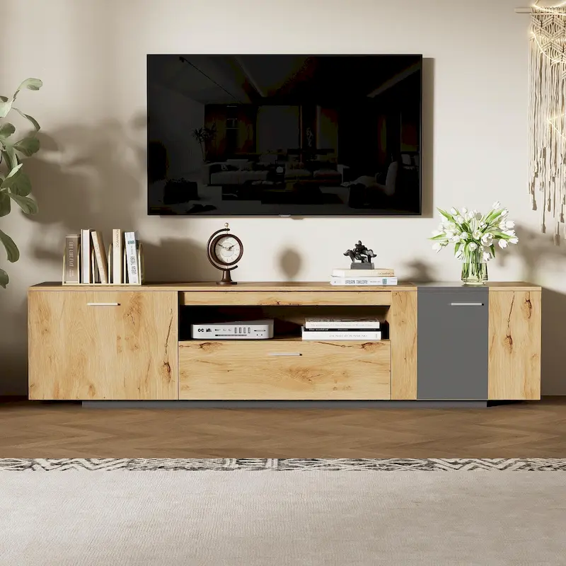 Grey,Natural Wood 70.86 TV Stand with 3 Cabinets & Drawer for TVs Up to 80