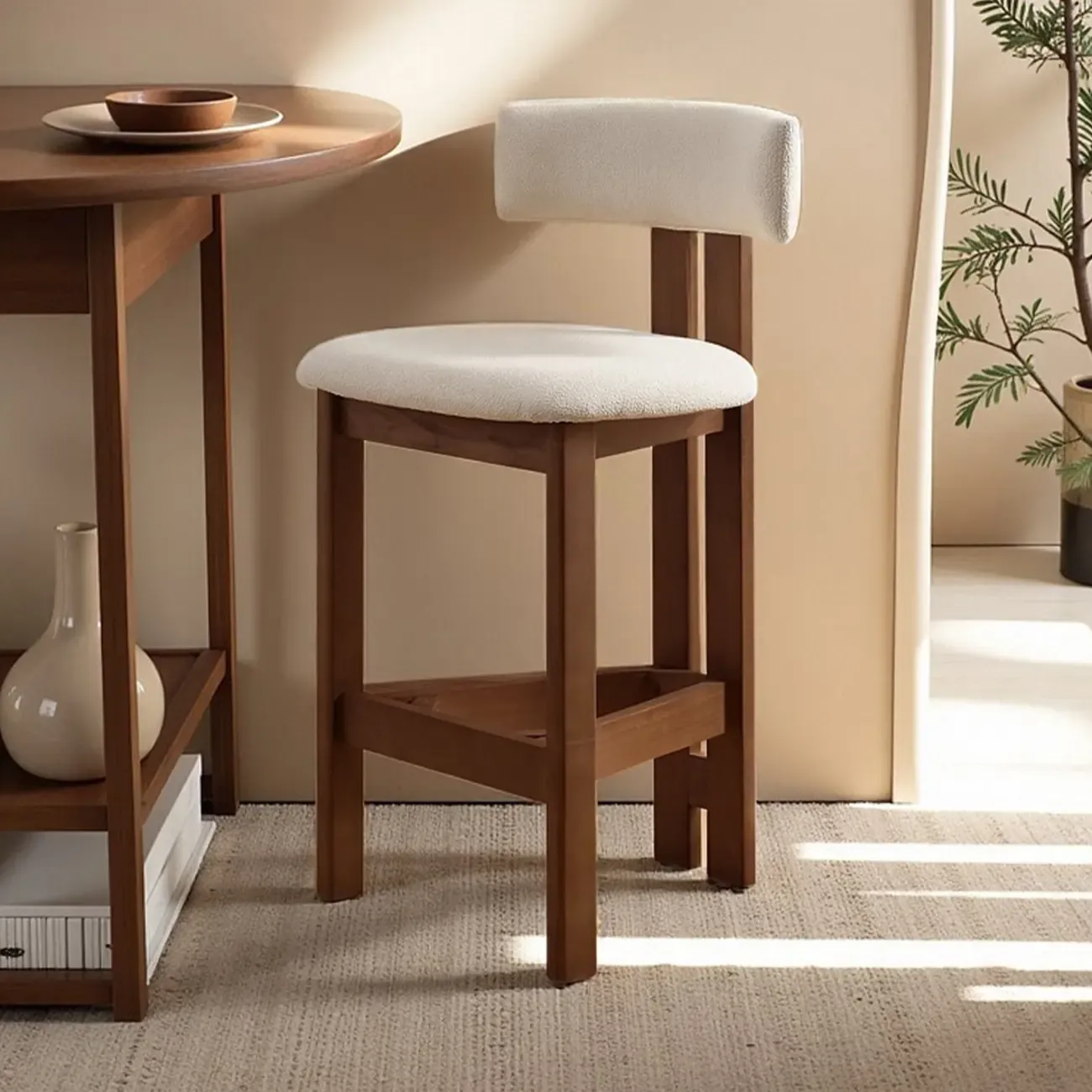 White Boucle Fabric Brown Wood Armless Bar Stools