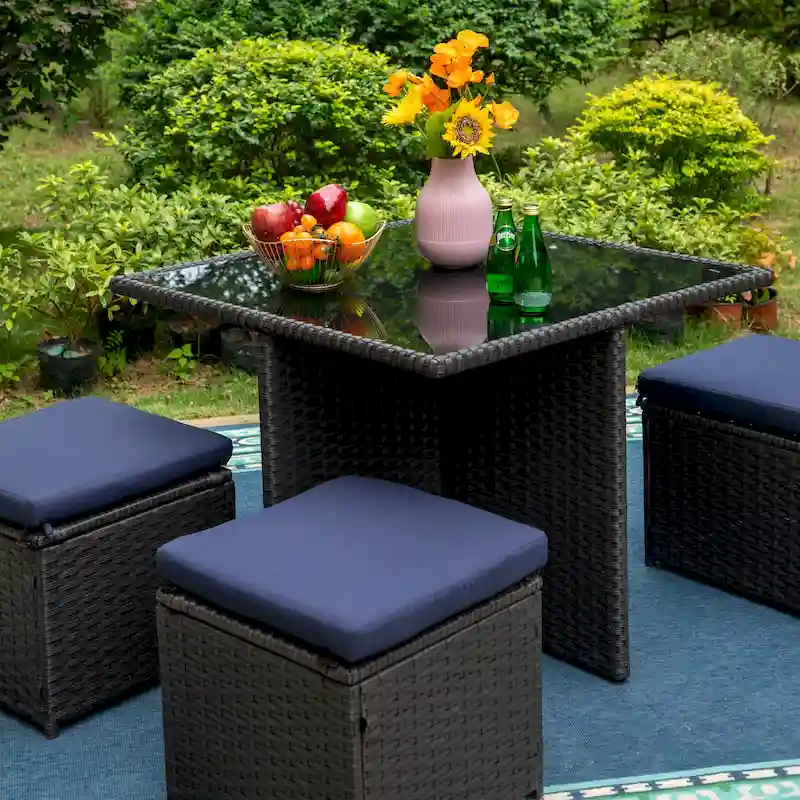 PHI VILLA Outdoor Dining Table and Ottoman Set with Cushions