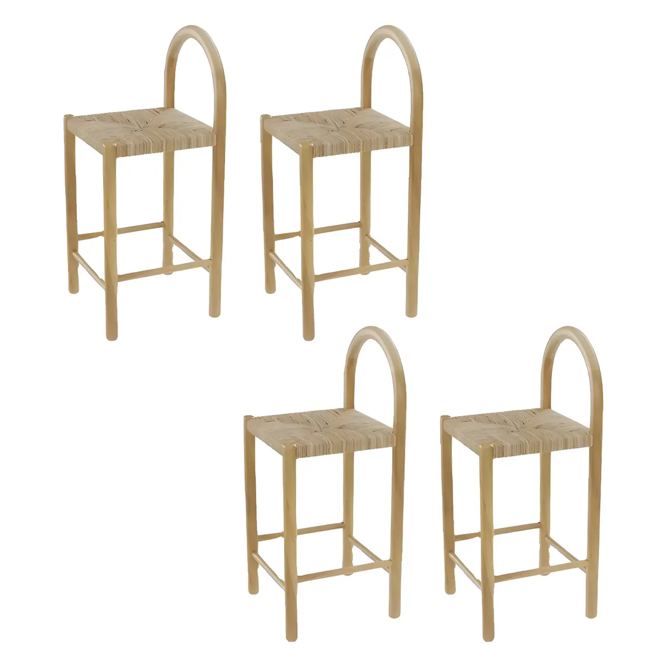 Rustic Wood Natural Rattan Bar Stool with Footrest