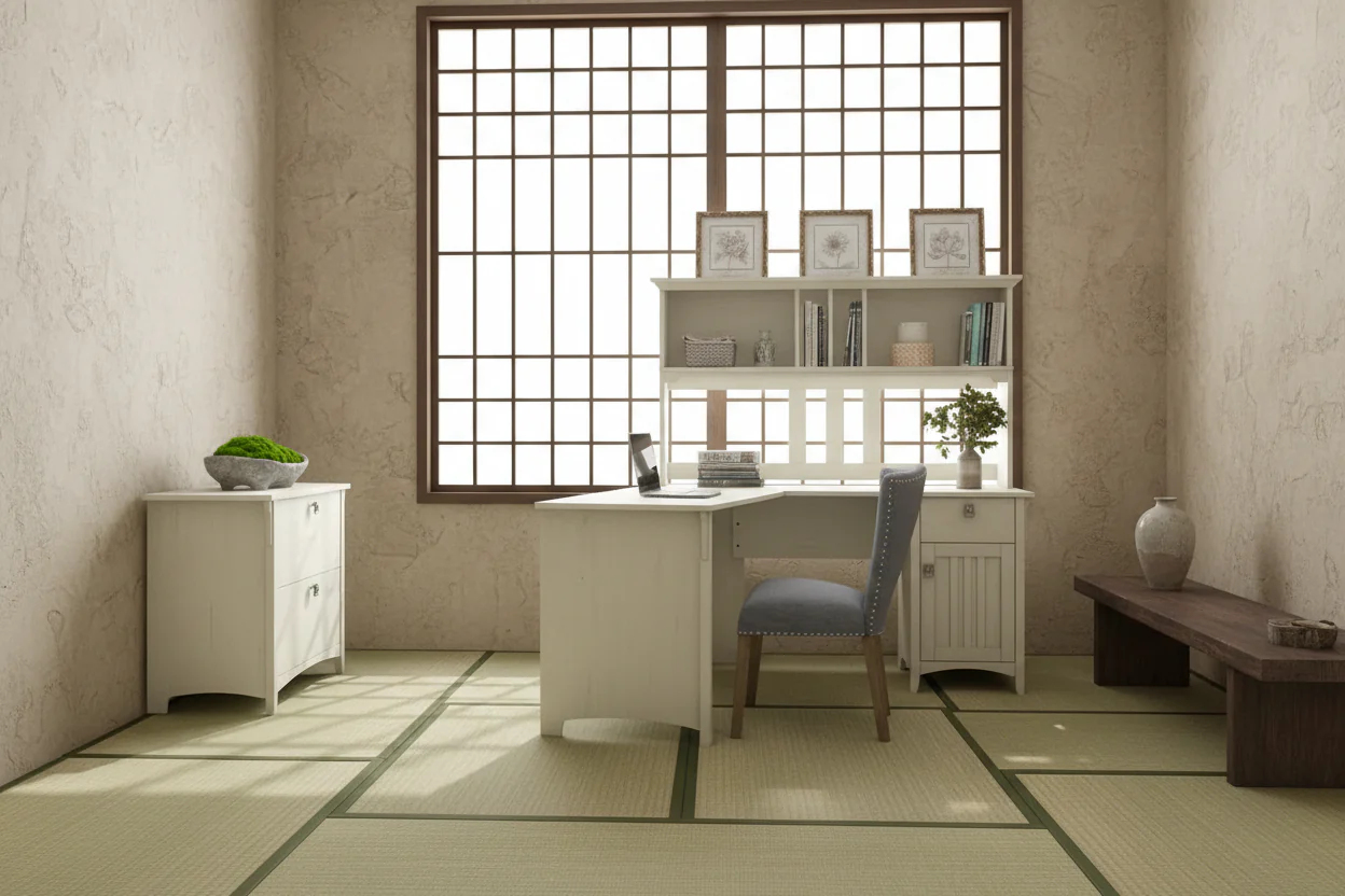 60W L-Shaped Desk with Hutch and Lateral File Cabinet - White