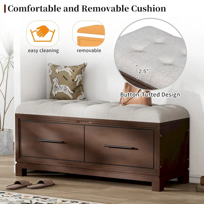 43 Shoe Bench with Removable Cushion & Lift Top Storage, Entryway Bench Wooden End of Bed Bench, Hidden Storage Space