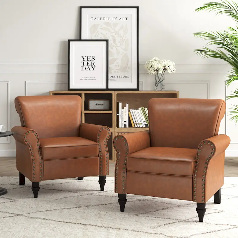 PU Leather Accent Chair, Brown/Black/Grey, Rolled Arms, Nailhead Trim, Set of 2, Seats 2