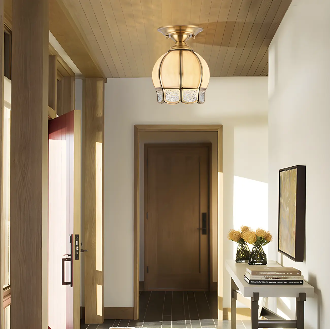 Colonial Dome Gold Glass Semi-Flush Mount Light