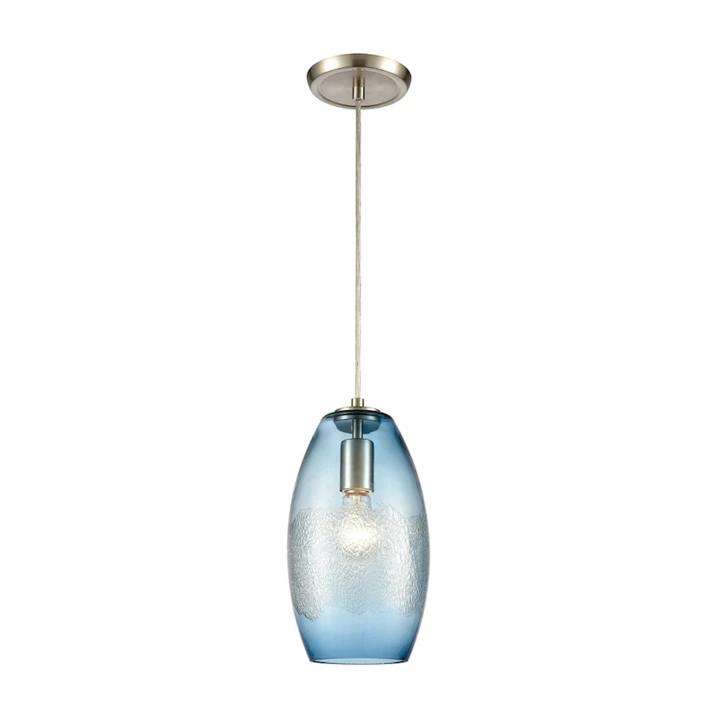 Ebbtide 1-Light Mini Pendant in Satin Nickel with Aqua Blue and Lightly Textured Glass