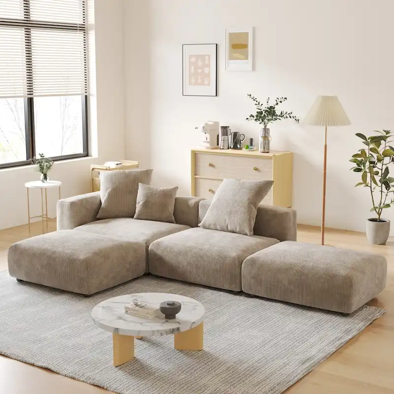 L-shaped Modular Sectional Sofa Corduroy Upholstered Couch with Chaise Ottoman and 3 pillows