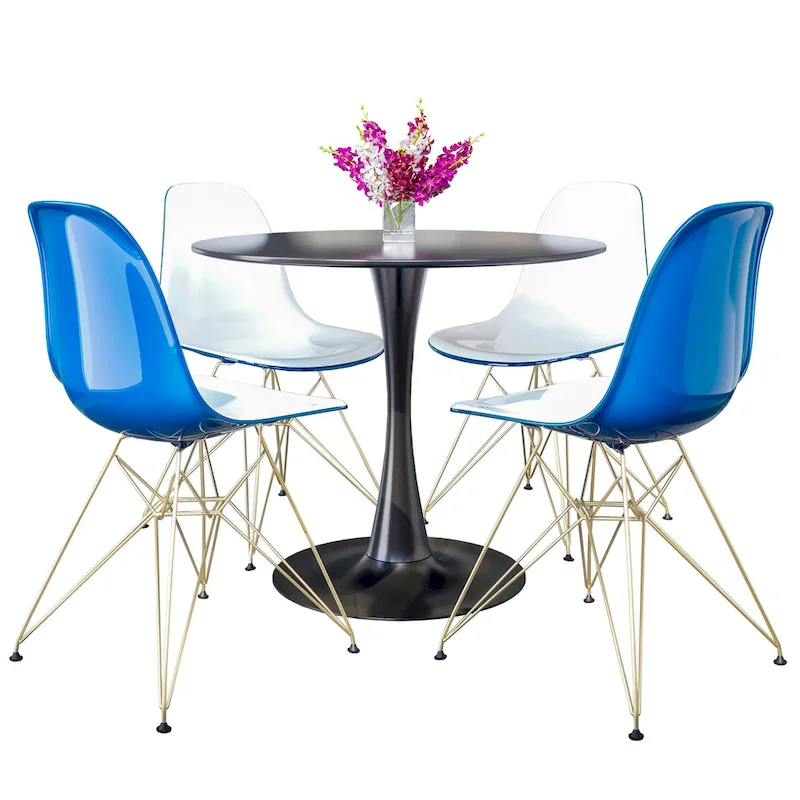 5-Piece Dining Set with 35 Round MDF Table and 4 ABS Plastic Side Chair with Gold Metal Legs
