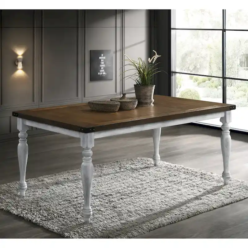 Salines Two-tone Wood Turned Leg Dining Table, Rustic White and Oak