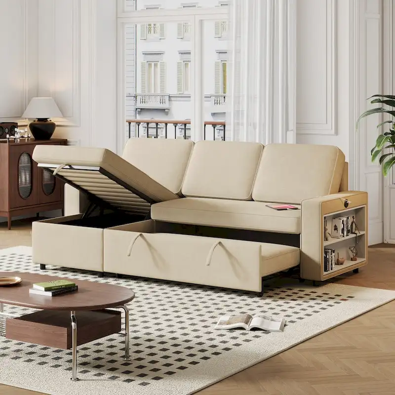 Convertible Sleeper Sofa Bed with Storage Chaise and USB Port, L-Shaped Couch,Beige