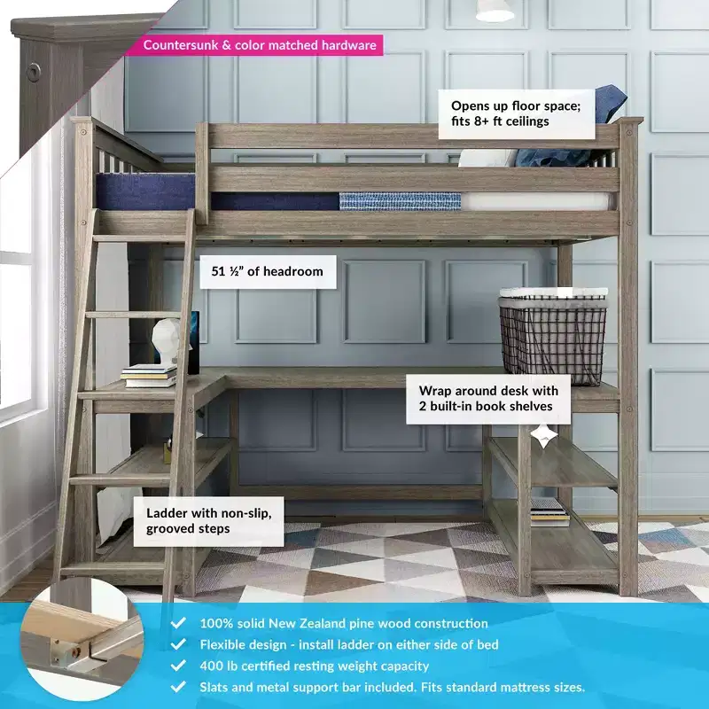 Max & Lily Twin Loft Bed, Solid Wood Loft Bed with Desk and Storage Shelves for Kids