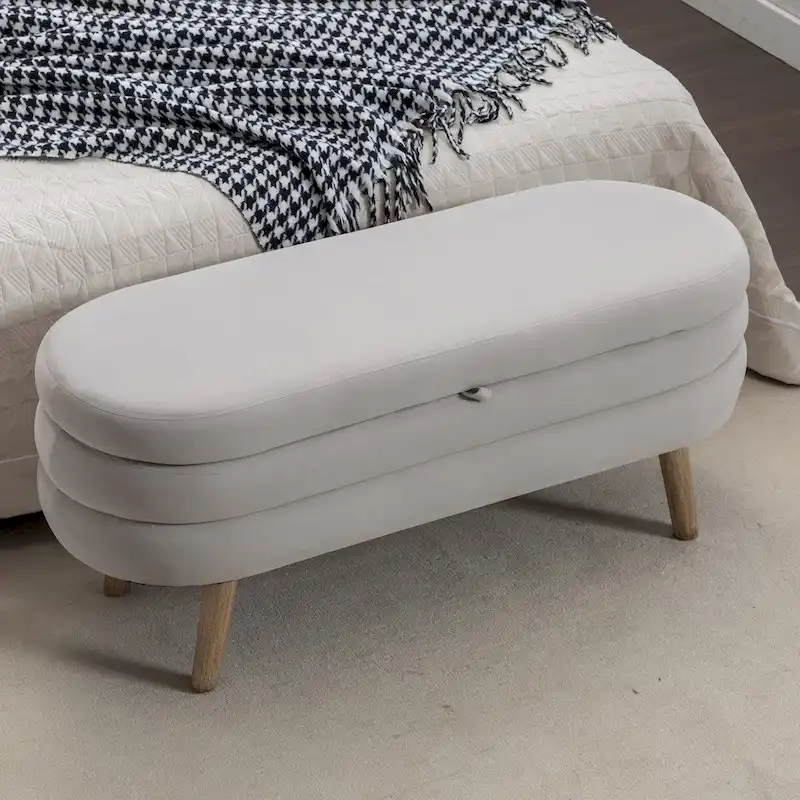 Velvet Fabric Storage Bench Bedroom Bench With Wood Legs For Living Room Bedroom Indoor,Light Gray