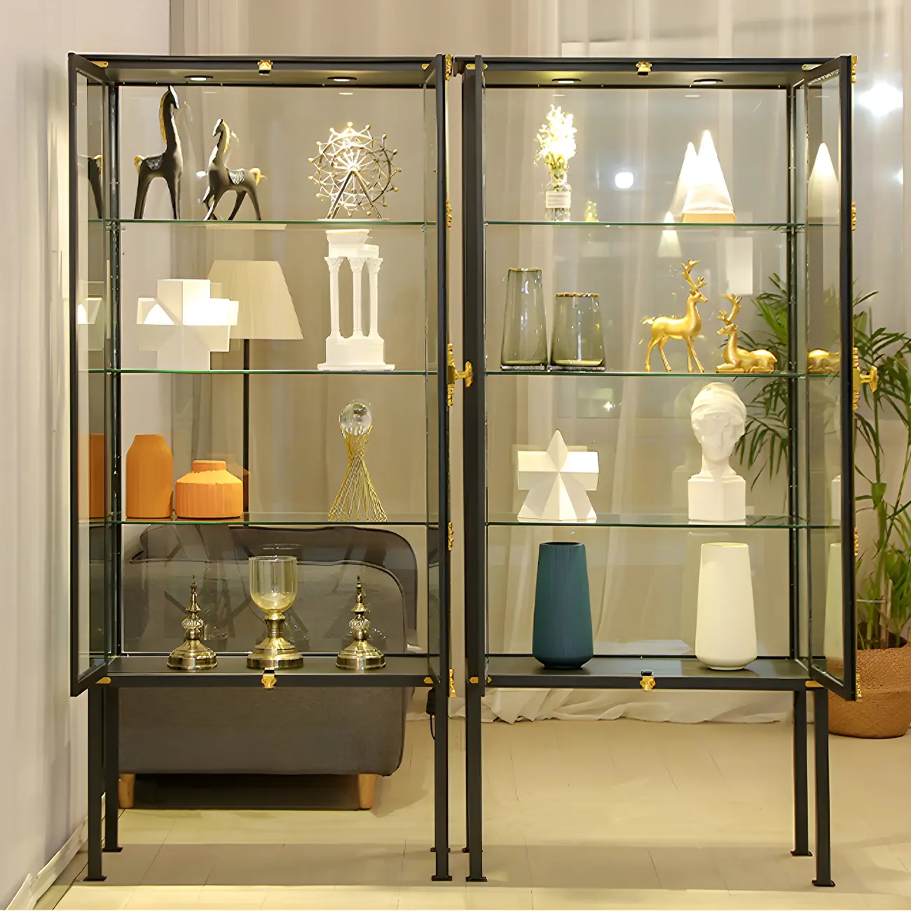 Glam Black Metal Frame Glass Curio Cabinet
