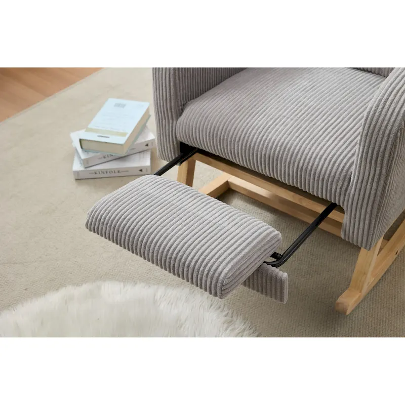 Accent Rocking Chair with Solid Wood Legs, Upholstered Nursery Glider Rocker, Comfy Armchair with Side Pocket