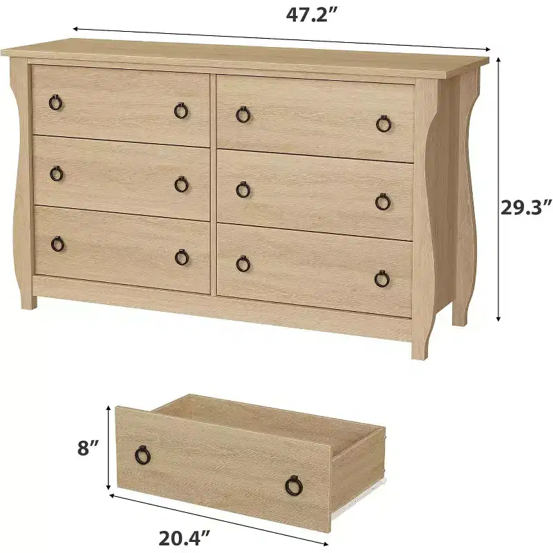 6-Drawer Dresser with Sliding Doors - Modern Freestanding Storage Cabinet for Bedroom or Living Room, Wide Design