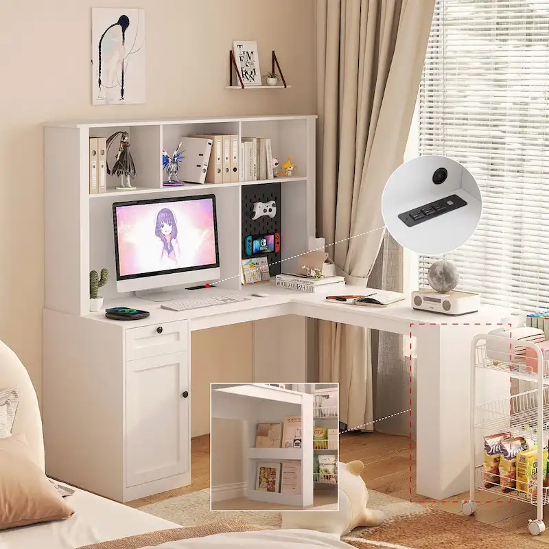 L Shaped Desk with outlet, Computer Desk with Drawers, Bookshelf