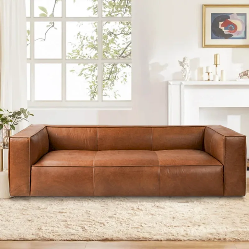 Brown/Light Brown Genuine Aniline Leather Sofa, Square Arms, 100"W x 43"D x 26.25"H, 3-Seater