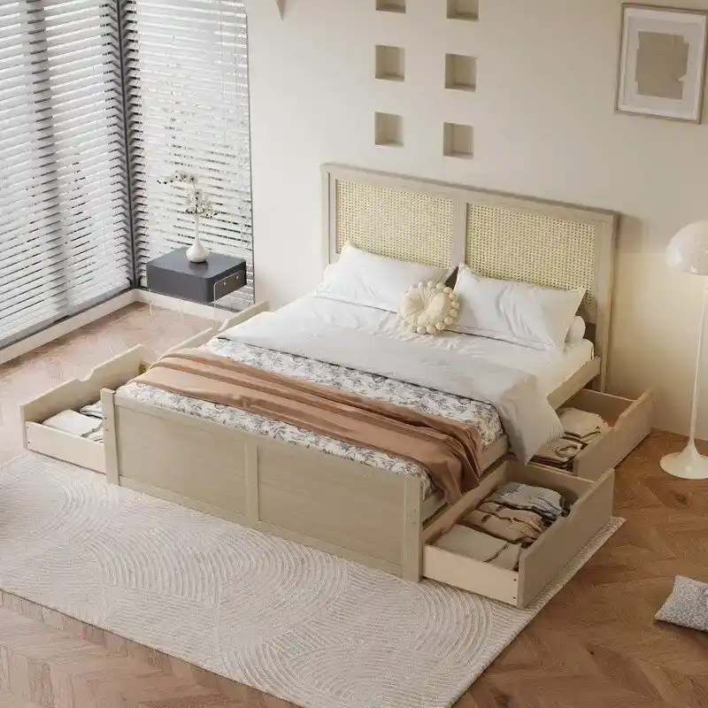 Wood Full Size Storage Platform Bed with 4 Drawers, Rattan Headboard