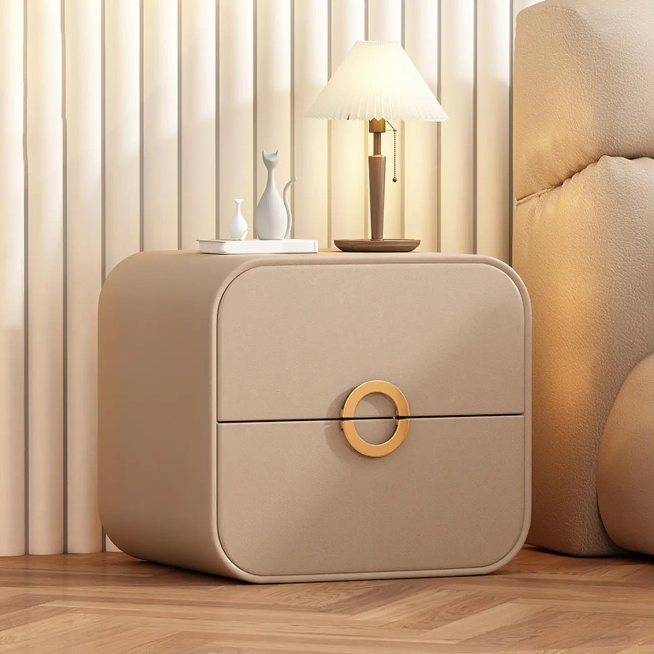Modern Faux Leather Gold Ring Handle Nightstand with 2 Drawers