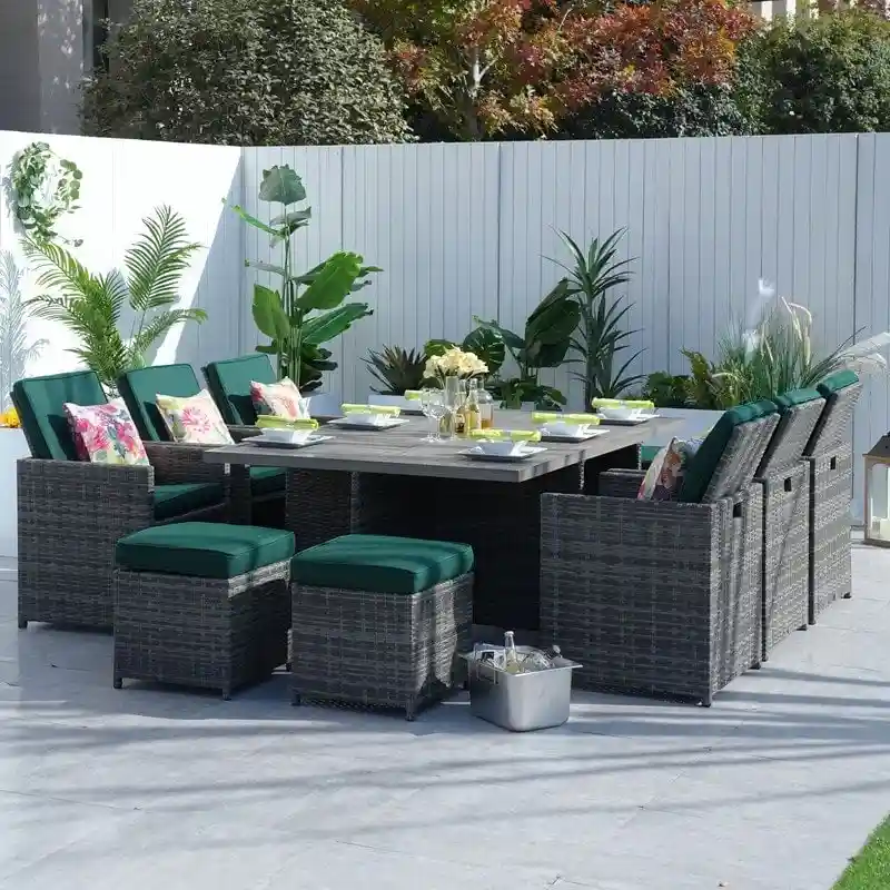 11-Piece Patio Wicker Aluminum Dining Table Set w/ Chairs and Ottomans