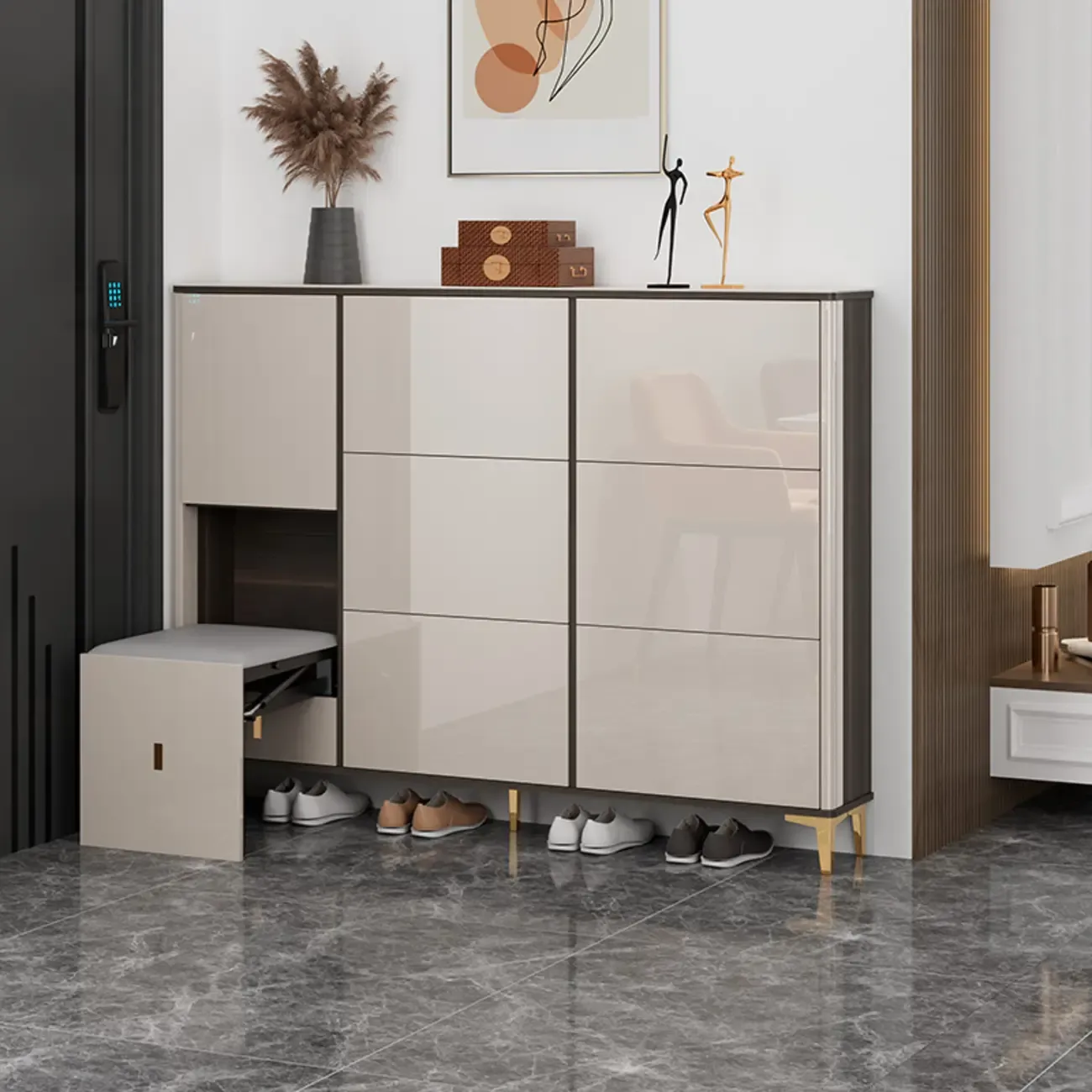 Glossy Shoe Cabinet with Sliding Doors for Entryway